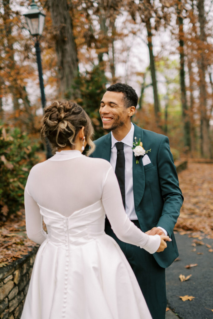 Baker Arborteum couple's first look, by Bowling Green, KY documentary wedding photographers Shelley & Portugal
